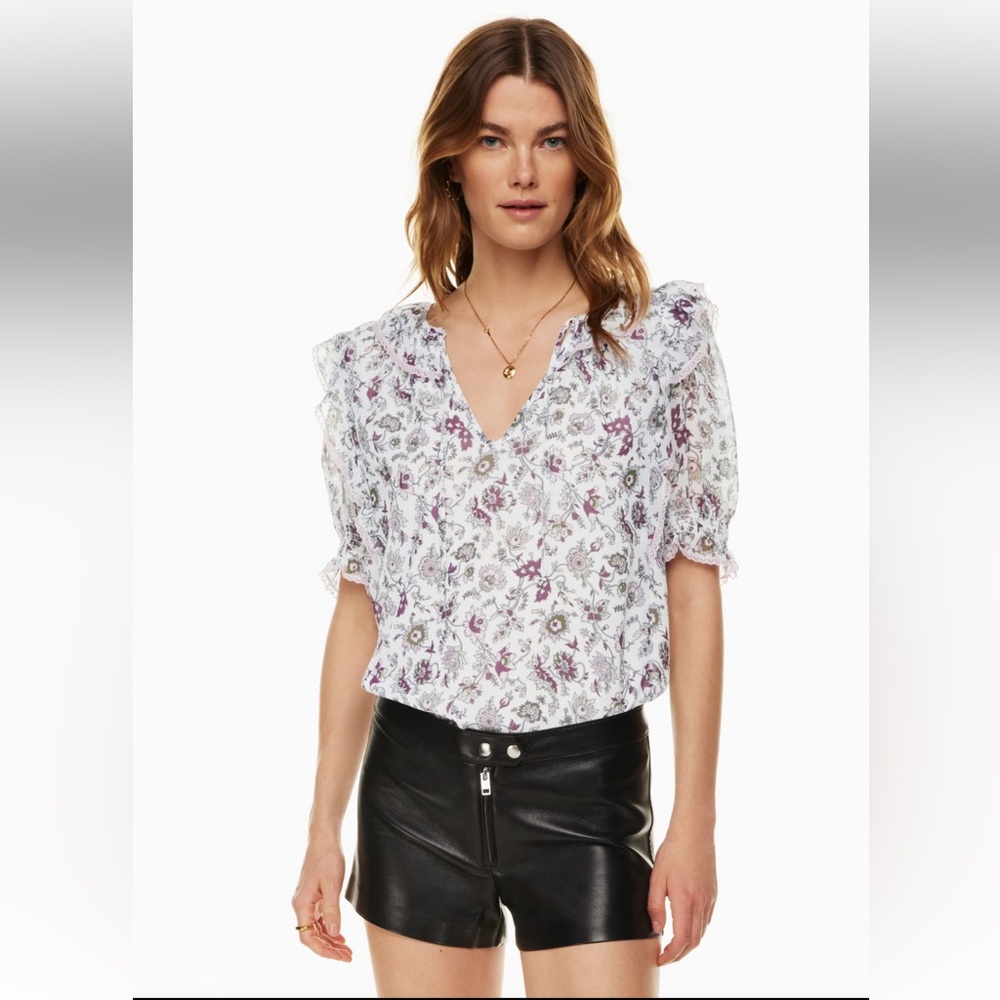 WILFRED ARITZIA Amyris Blouse White Mochi Pink Floral Peasant Boho Top SZ Small